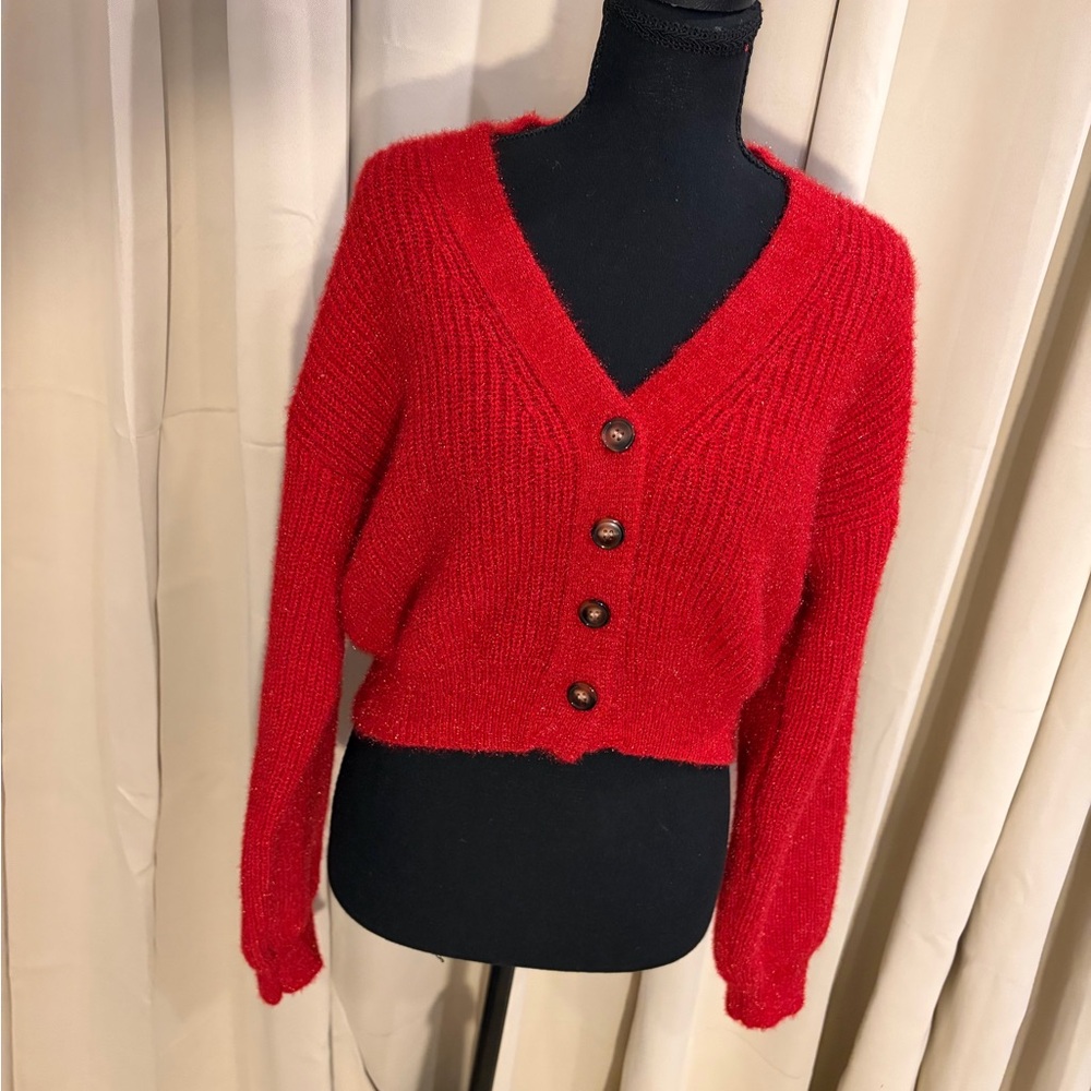 Red V-Neck Button-Up Sweater